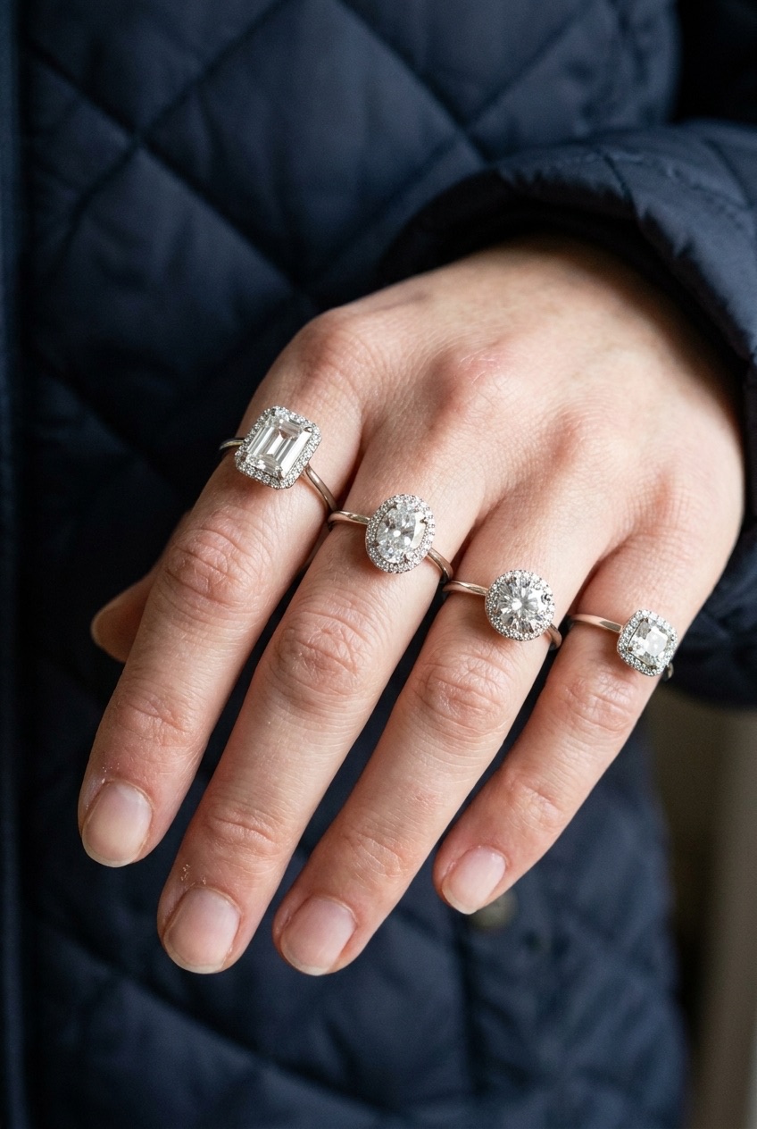 A hand wearing several Lumea diamond engagement rings