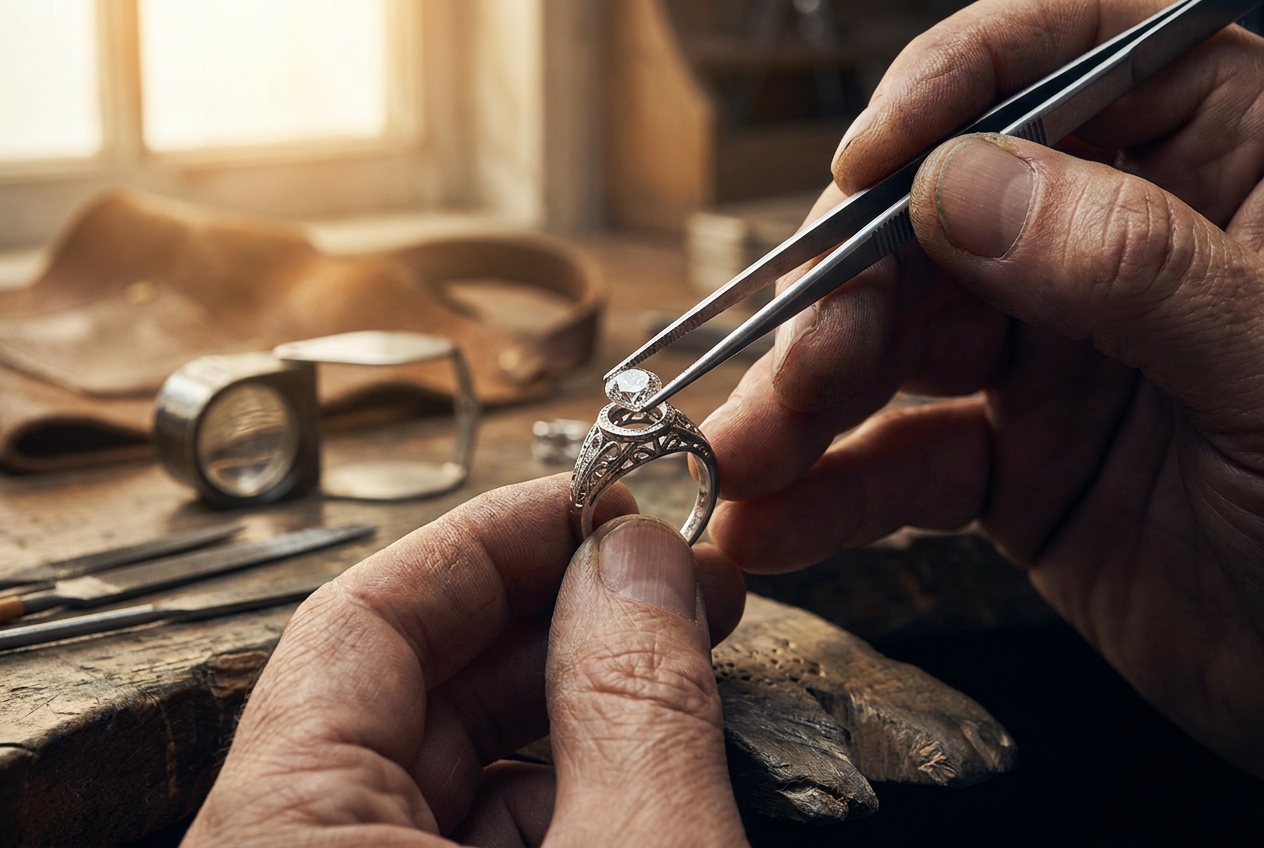 A Lumea master jeweller setting a diamond